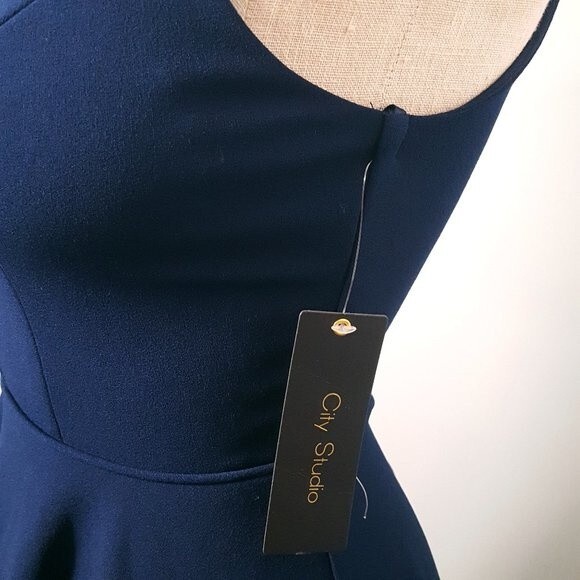 City Studio Navy Blue Deep V Neck Dress - Picture 4 of 8